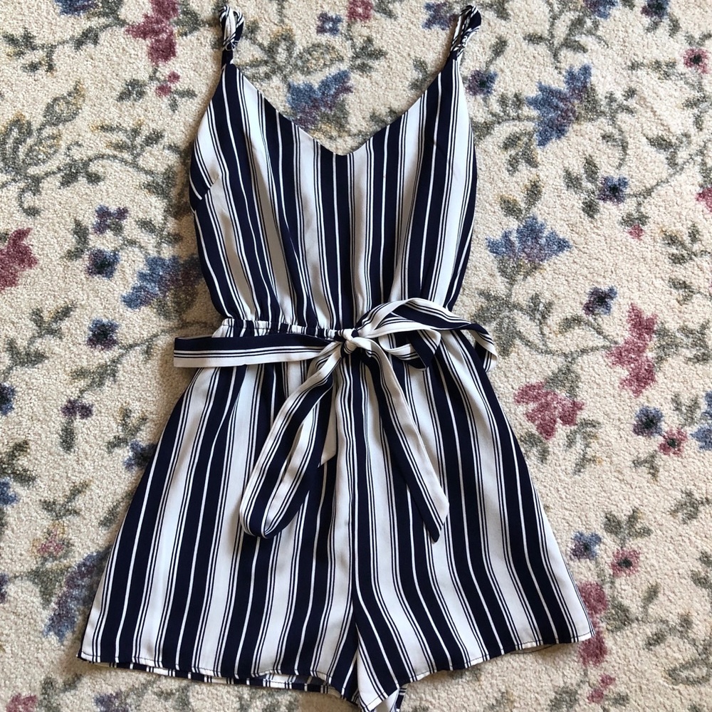 White and navy striped romper